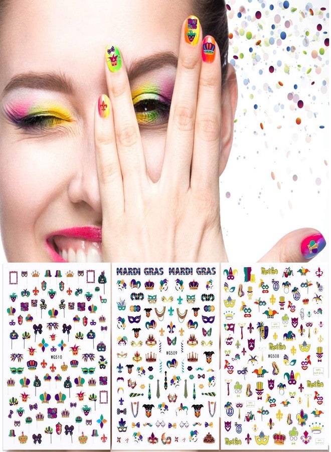 Konsait Mardi Gras Nail Art Stickers(500 Patterns), Self-Adhesive Carnival Nail Decals, Necklace Clown Crown Golden Yellow Green Nail Decoration Sticker, for Girls Women Nail Salon Gifts - Image 4